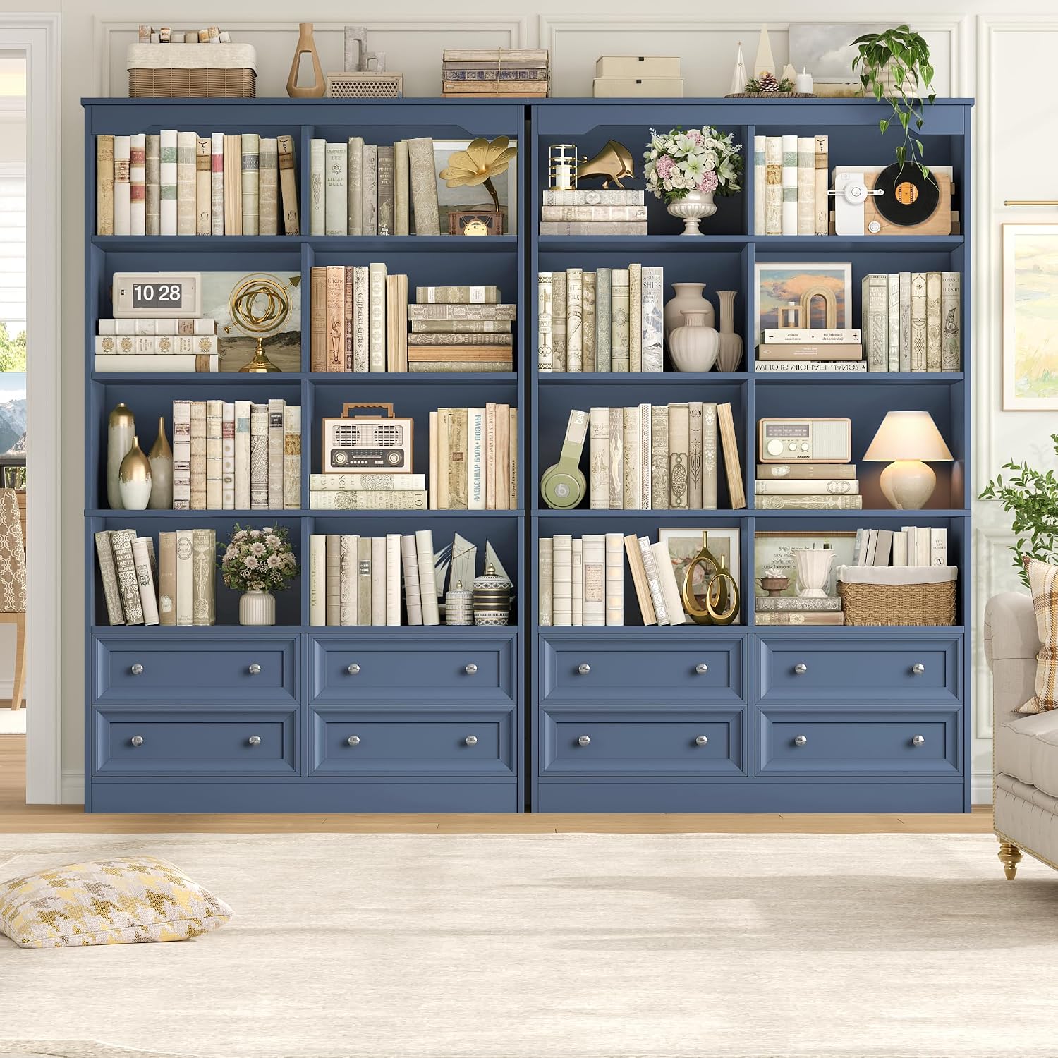 FINETONES 71' Tall Bookshelf with 4 Drawers, 6-Tier Double Wide Bookshelves and Bookcases with Storage, Blue Bookshelf Large Open Bookshelves Standing Book Cabinet for Home Office