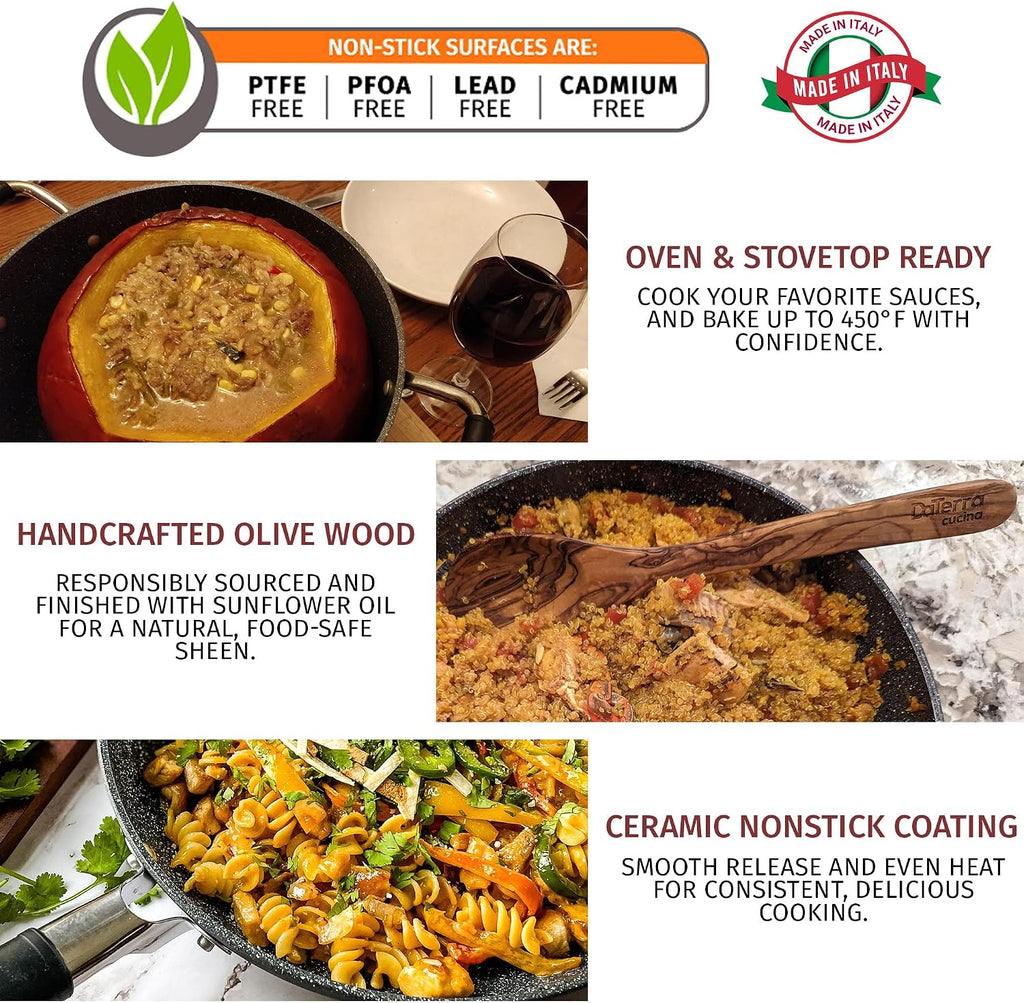 DaTerra Cucina Nonstick Large Pasta Bundle – Induction Compatible Ceramic Coated Non Stick Frying Pan & Dutch Oven Set w/Olive Wood Utensils - Ideal for Frying, Sautéing & Roasting - Made in Italy