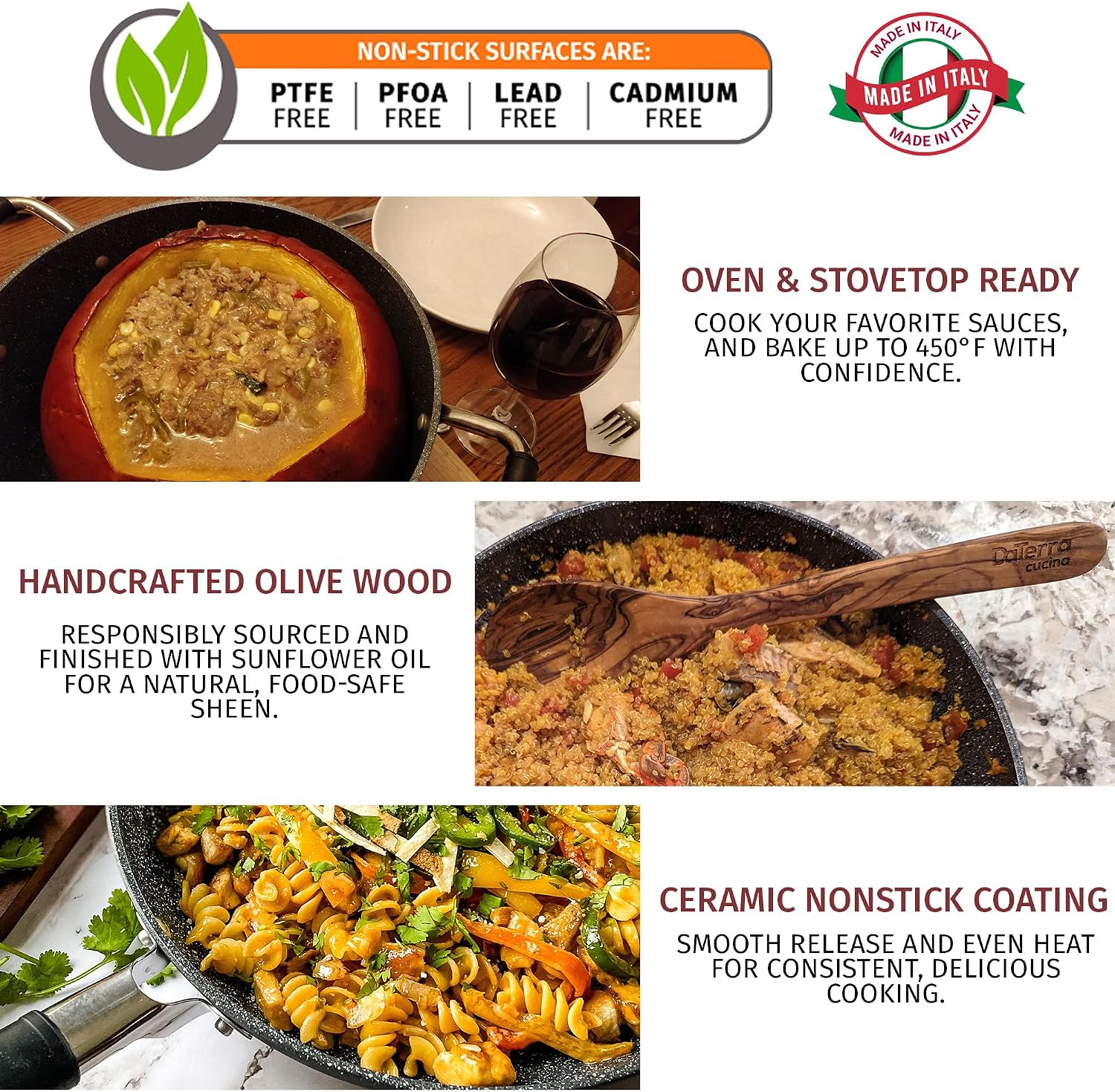 DaTerra Cucina Nonstick Large Pasta Bundle – Induction Compatible Ceramic Coated Non Stick Frying Pan & Dutch Oven Set w/Olive Wood Utensils - Ideal for Frying, Sautéing & Roasting - Made in Italy