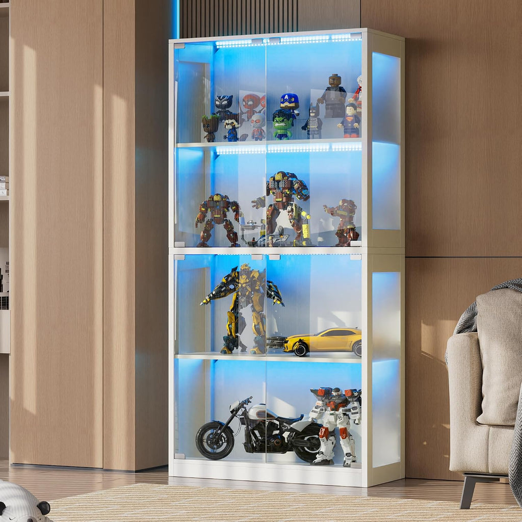 Grepatio Glass Display Cabinet, 4-Tier Display Cases for Collectibles, Curio Cabinet with 12 Color Lights, Display Shelf Bookcase Kids Toy Cabinets for Collectible, Living Room, Playroom (White)
