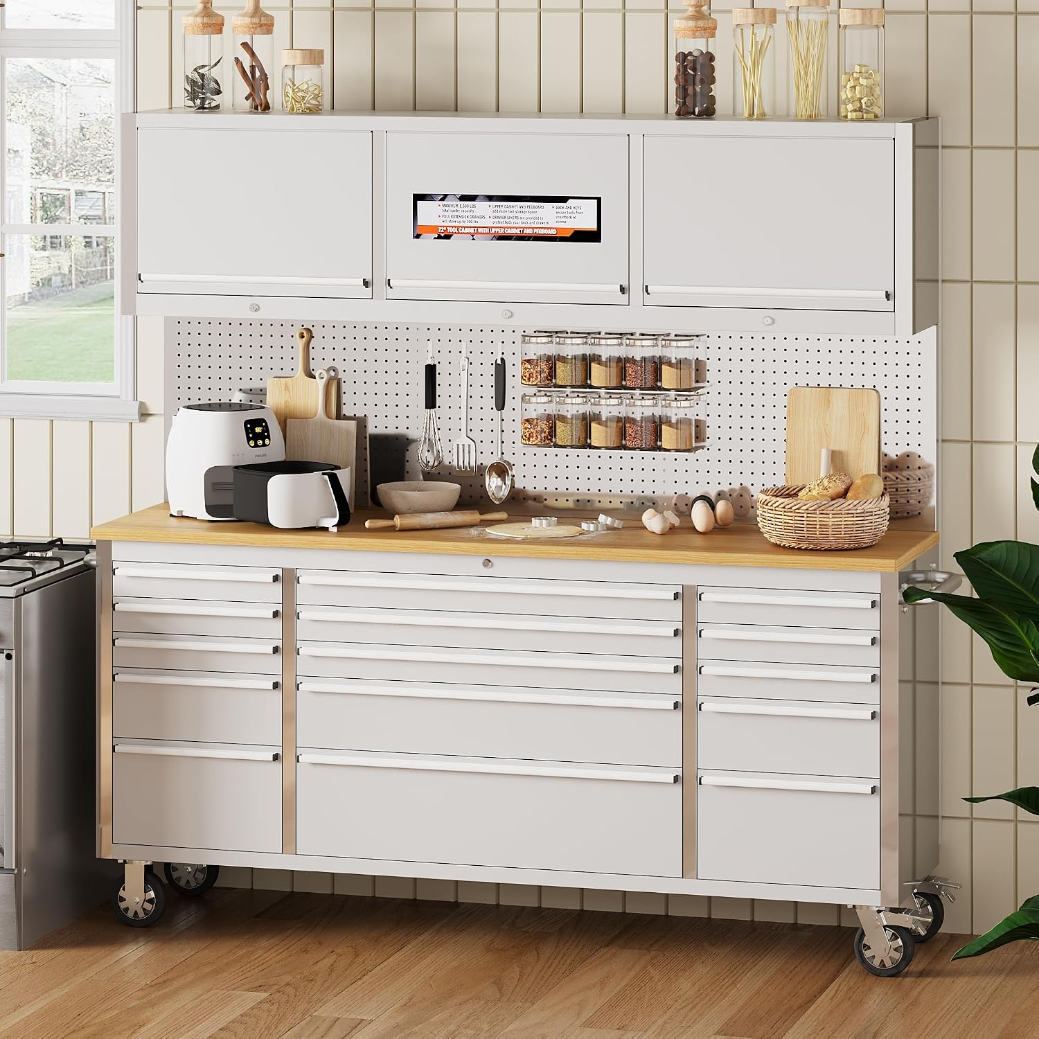 72' Rolling Tool Chest with 15 Drawers, Solid Rubber Wood Workbench Top, Locking Wheels & Key Lock, Mobile Garage Tool Cabinet for Workshop Storage and Organization, Silver
