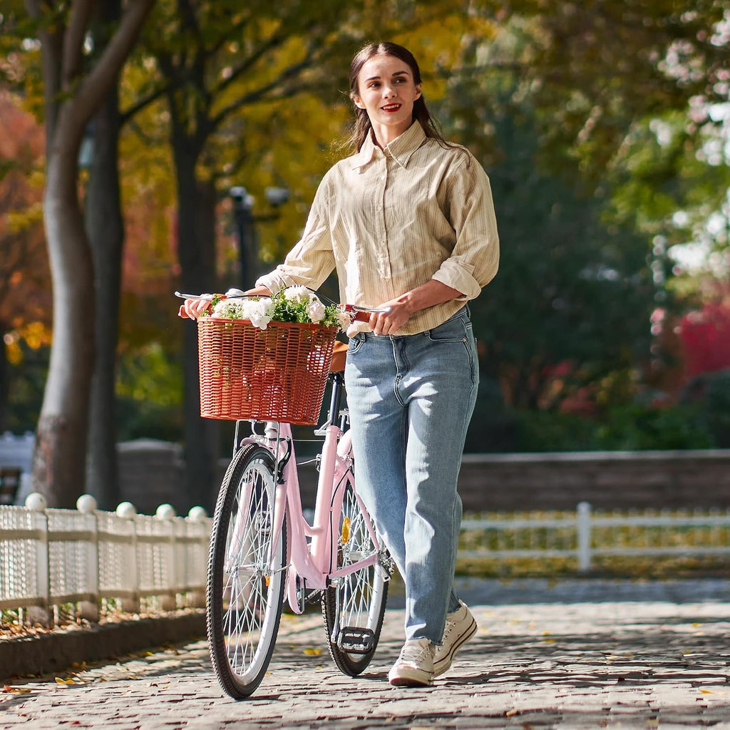 VIRIBUS Beach Cruiser Bike for Women, Single Speed Womens Bike with Basket & Rack 24 26 inch, Retro Step Through Cruiser Bicycle for Petite Short Women Female Ladies City Commuter, 330 lb.
