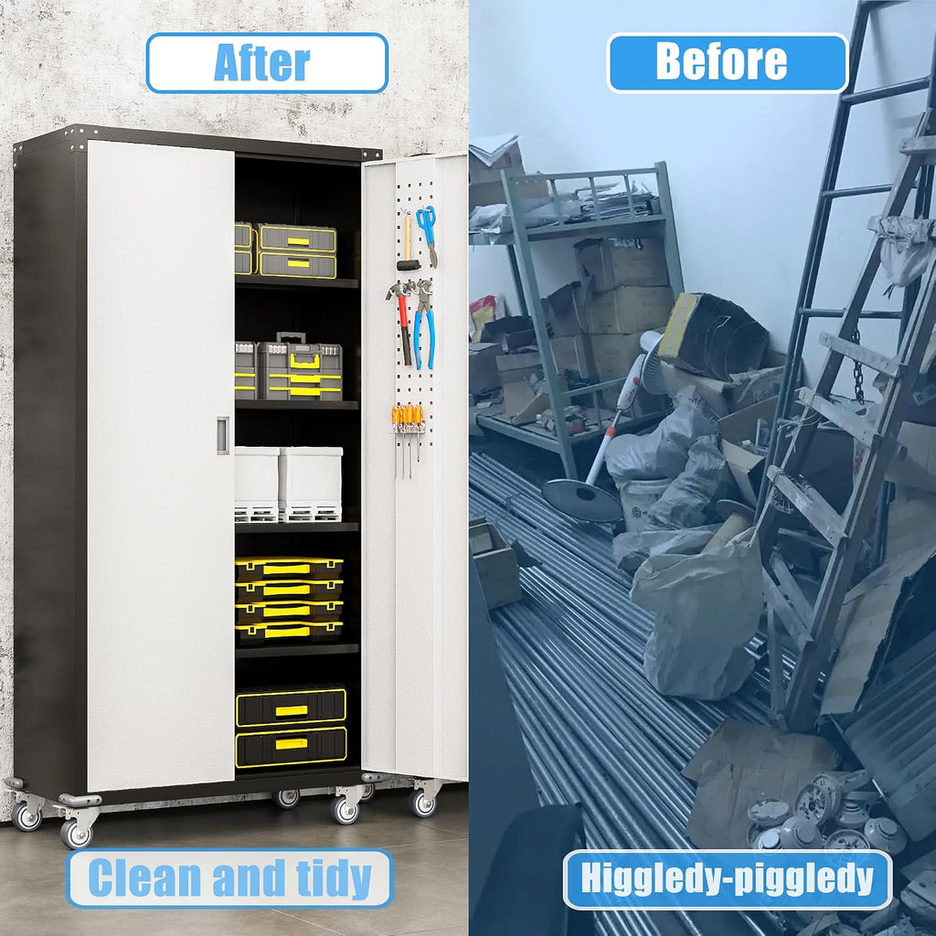 Upgraded Metal Storage Cabinet with Wheels, Lockable Rolling Garage Storage Cabinet with 2 Pegboard, Steel Garage Cabinets on Wheels with 4 Adjustable Shelves, White&Black