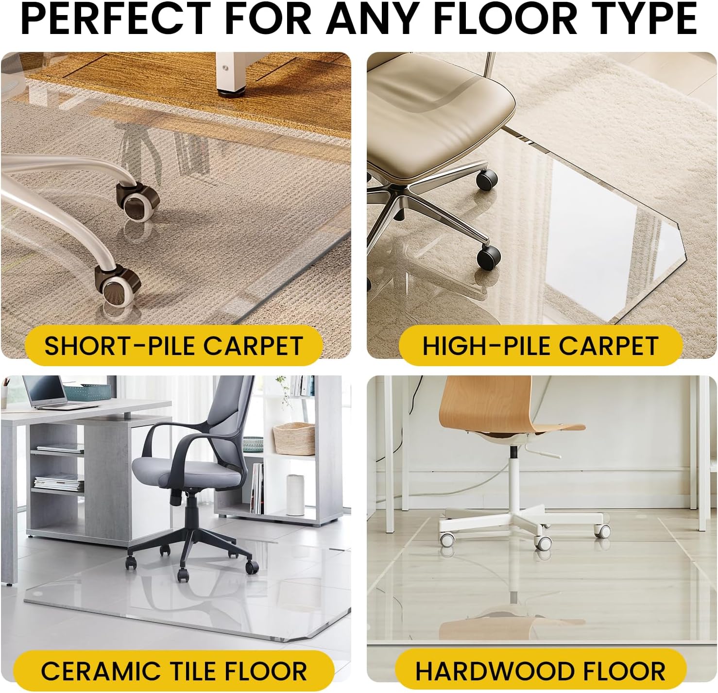 VASUHOME 36'x46' Patented Beveled Edge Glass Chair Mat, Heavy-Duty Office Floor Mat for Hardwood & Carpet, 1/5' Thick, Includes 12 Anti-Slip Pads