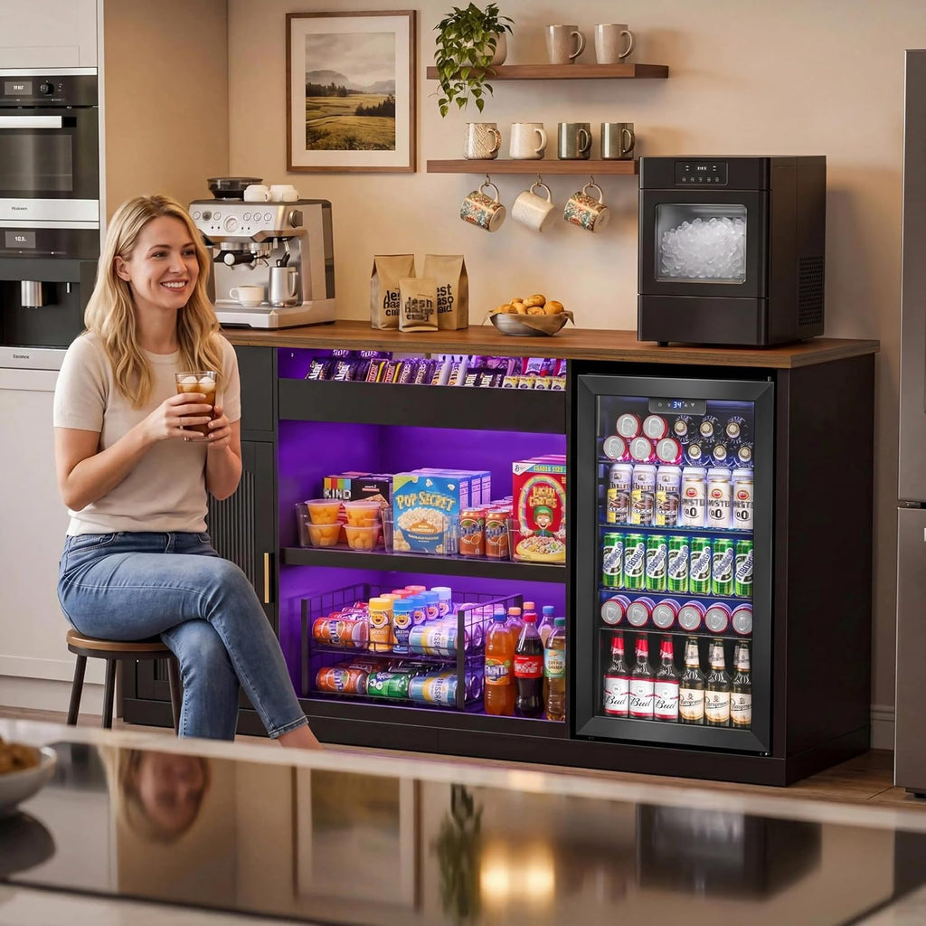 GDLF Snack Bar Cabinet with Fridge Space, 70.1' Snack Organizer with Storage and Candy Display Shelf, Coffee Station for Home Theater or Game Room with LED Lights, Black