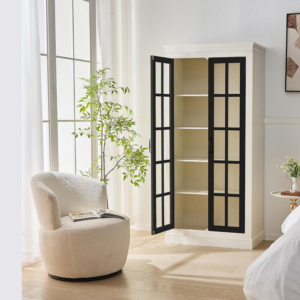 Ball & Cast 71.2' Tall Display Cabinet W/Glass Doors,Curio Cabinet W/Adjustable Shelves&Fixed Shelves for Collectibles,Trophies,Farmhouse Style Cabinets for Hallways,Living Room,Bedroom,White&Black