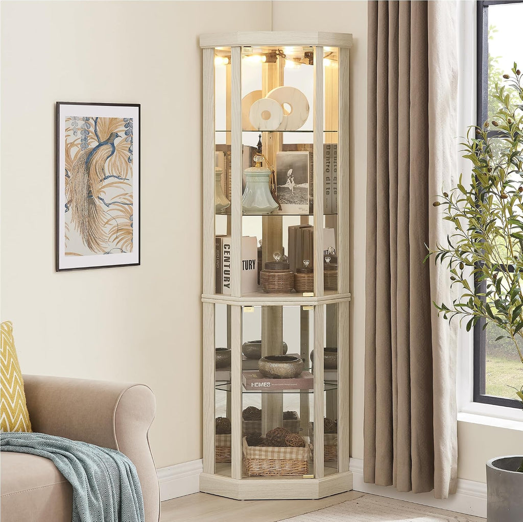69' H Lighted Curio Cabinet Corner Display Case,Corner Glass Cabinets with Tempered Glass Door and Adjustable Shelves,Wooden Curio Cabinet with Mirrored Back Pane(Style 1 - Antique White)