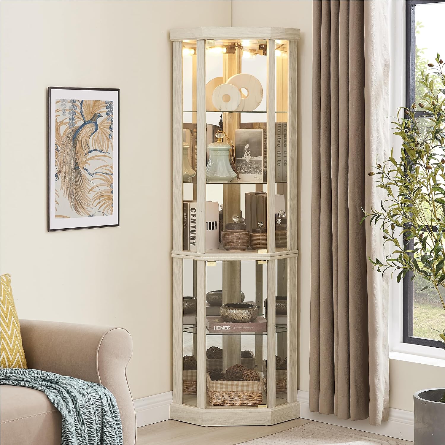 69' H Lighted Curio Cabinet Corner Display Case,Corner Glass Cabinets with Tempered Glass Door and Adjustable Shelves,Wooden Curio Cabinet with Mirrored Back Pane(Style 1 - Antique White)