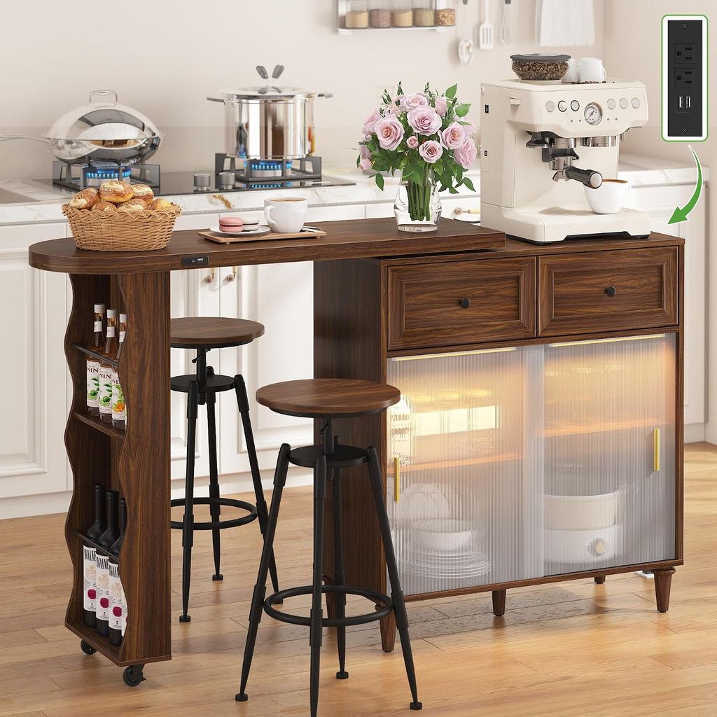 69' Kitchen Island with 360° Rotating Table, Bluetooth Speakers, LED Lighting, Adjustable Shelves, Storage Cabinet & Power Outlet – Walnut Finish Extendable Dining Table for Kitchen, Dining Room, Bar
