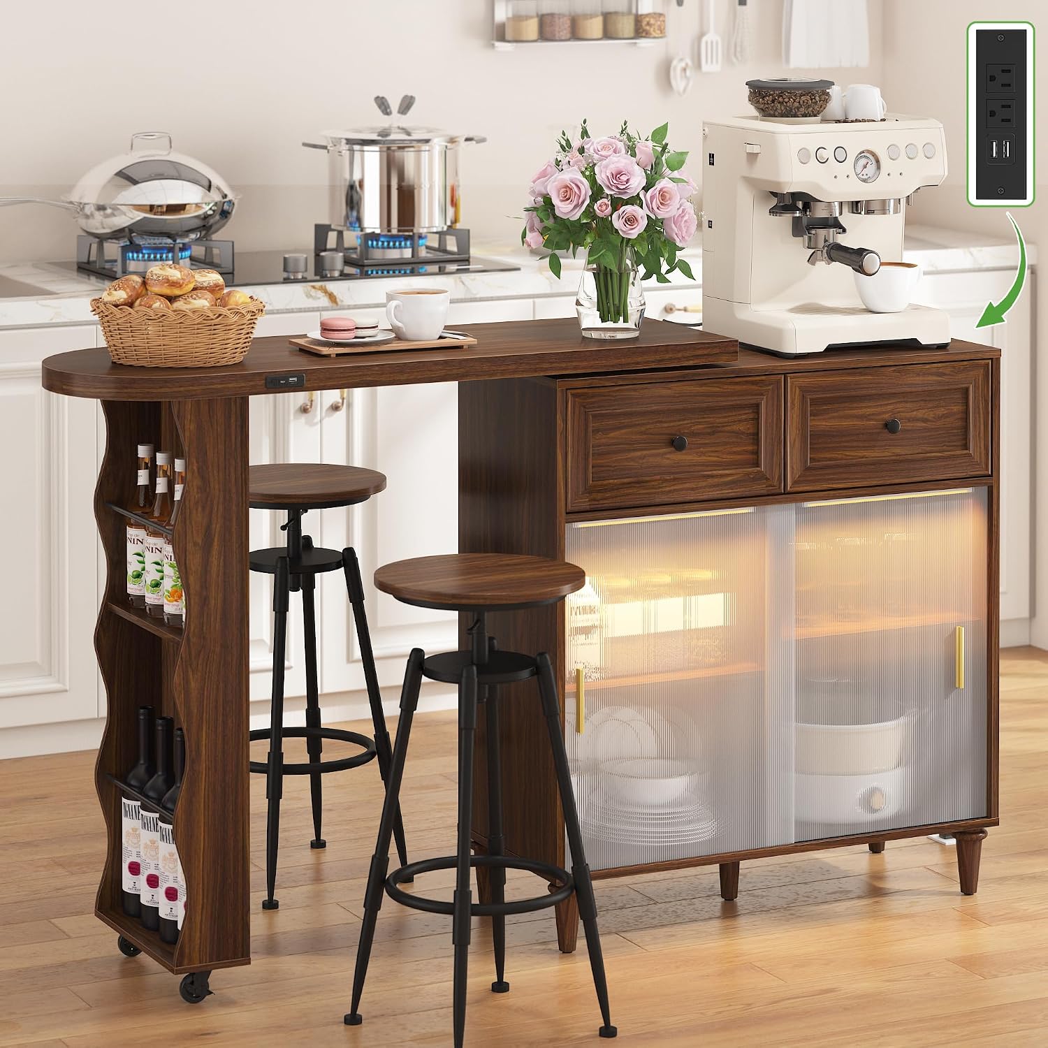 69' Kitchen Island with 360° Rotating Table, Bluetooth Speakers, LED Lighting, Adjustable Shelves, Storage Cabinet & Power Outlet – Walnut Finish Extendable Dining Table for Kitchen, Dining Room, Bar