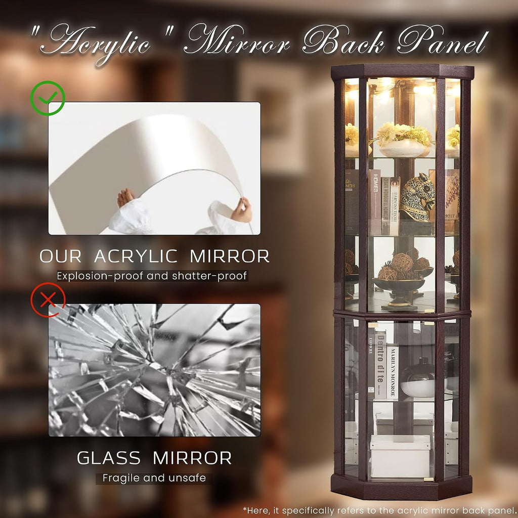 Corner Curio Cabinet, 70' H Lighted Glass Display Cage with Tempered Glass Doors and 5 Adjustable Shelves, Light Bulb Inclued, Wine Bar China Cabinet for Living Room (Dark Cherry)