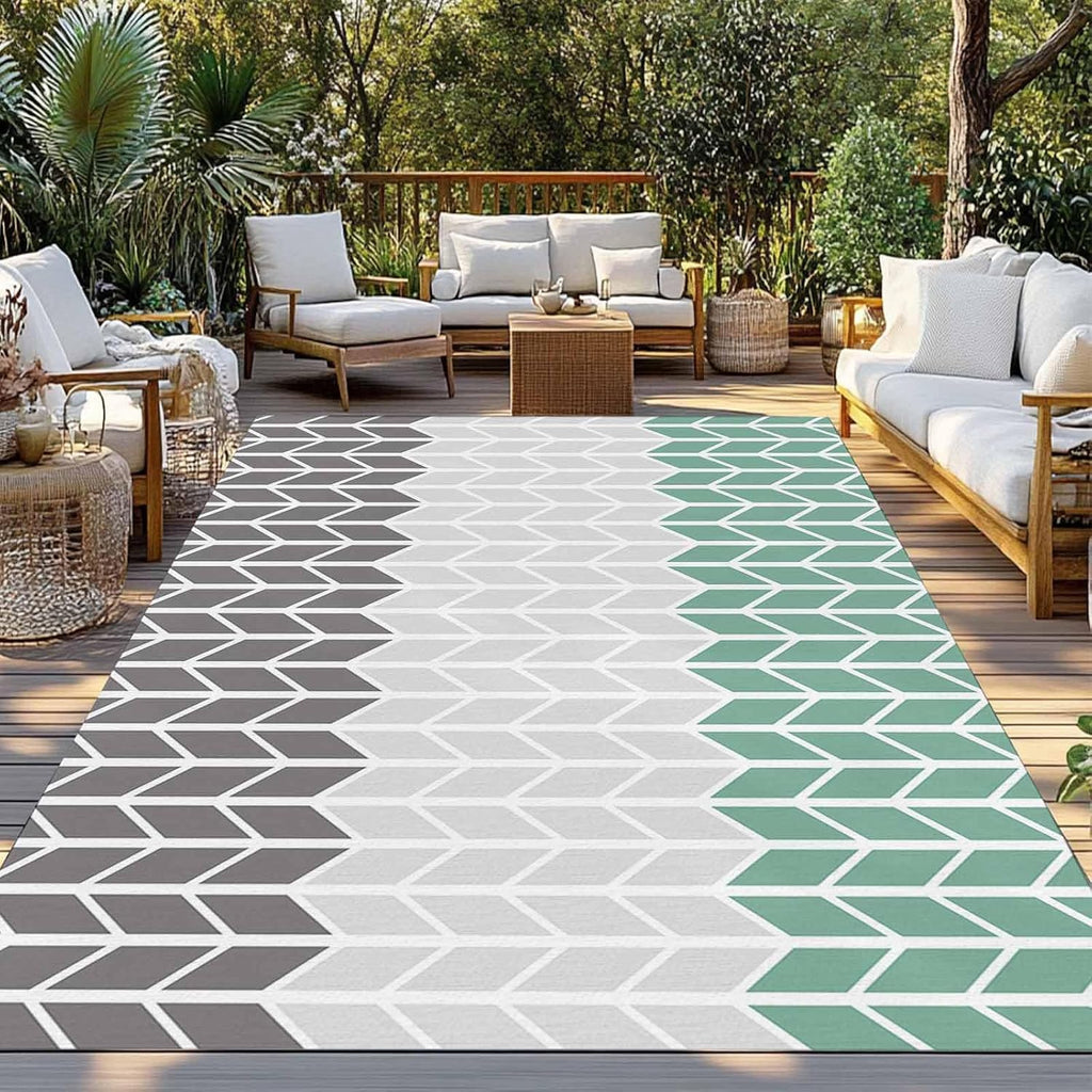 Outdoor Rug 4x6ft Grey Teal Stripe Buffalo Check Geometric Art Patio Area Rugs Waterproof Easy Cleaning Non Shedding Thick Mats Herringbone Carpet for Indoor Outdoor Porch Deck Backyard Balcony