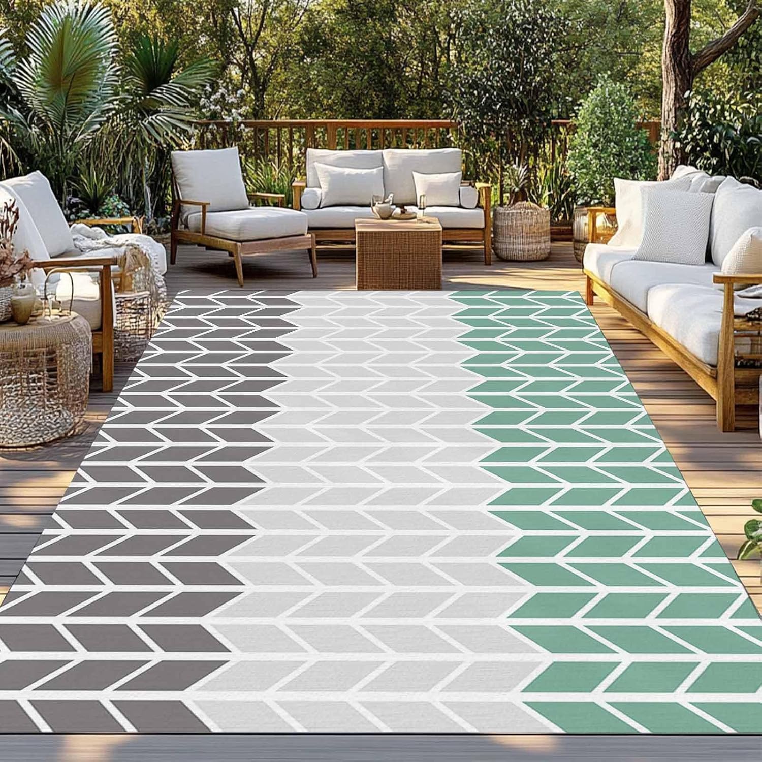 Outdoor Rug 4x6ft Grey Teal Stripe Buffalo Check Geometric Art Patio Area Rugs Waterproof Easy Cleaning Non Shedding Thick Mats Herringbone Carpet for Indoor Outdoor Porch Deck Backyard Balcony