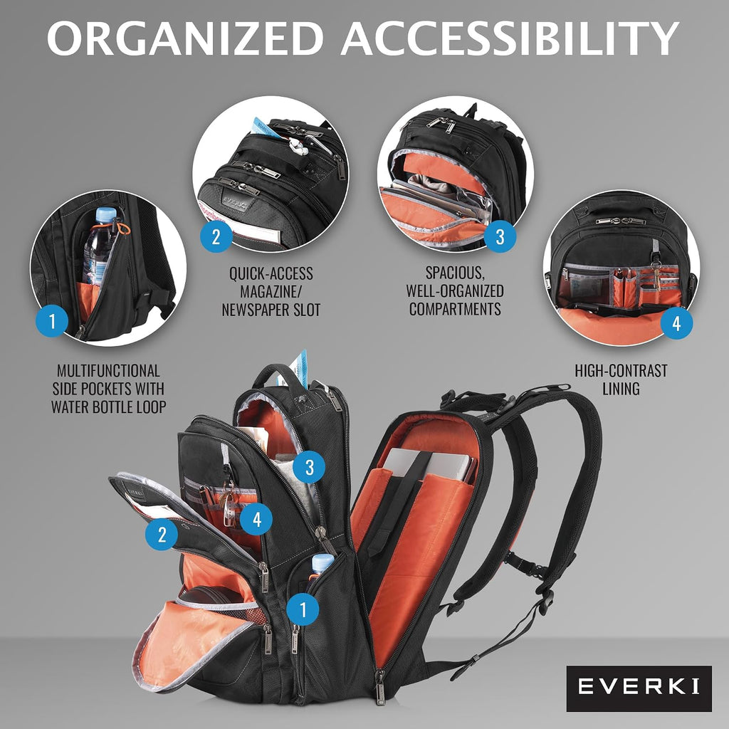 EVERKI Atlas Business Laptop Backpack Bundle + Compression Packing Cube Set - Packing Cubes for Backpack & Trolley 4.6L & 9L + 29L/32L Laptop Backpack for Work, Travel, Men & Women - Black & Orange
