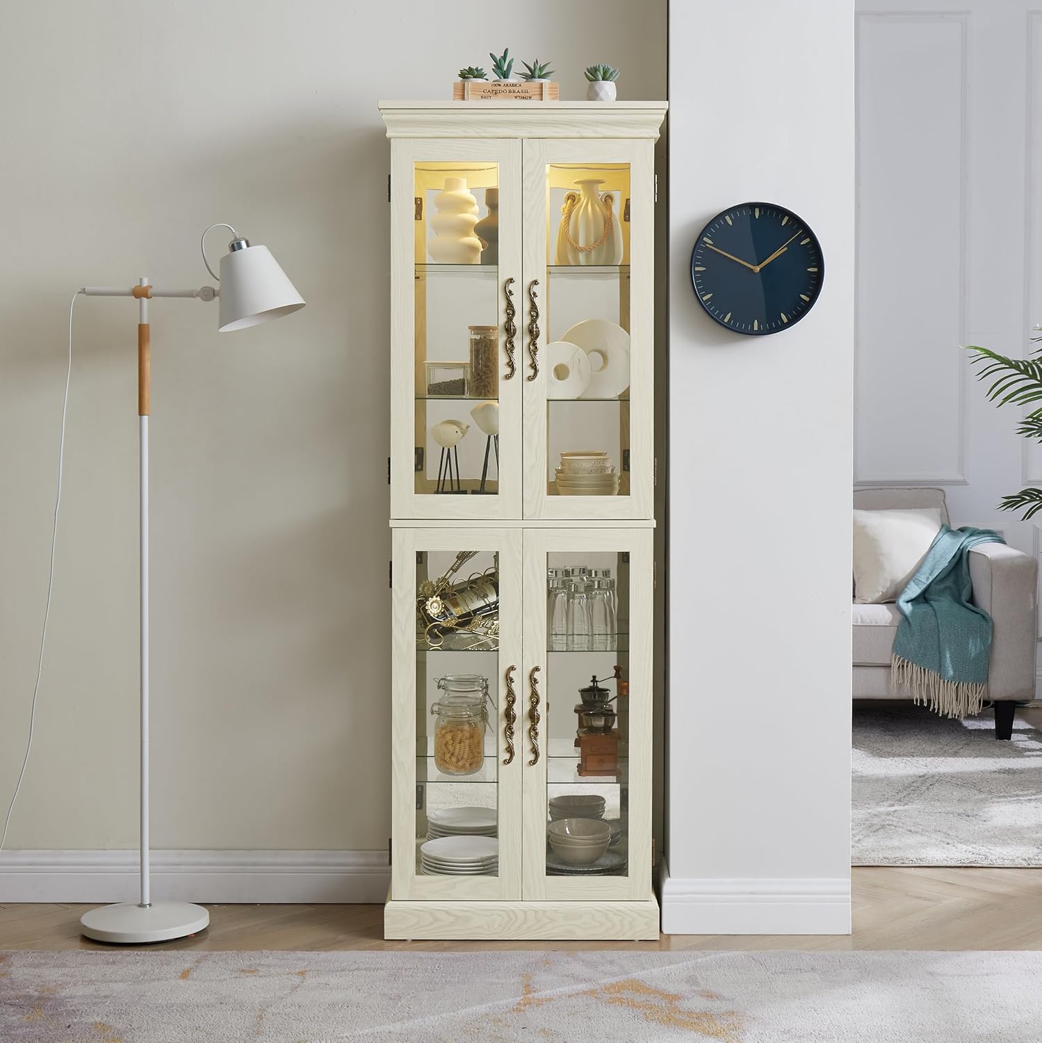 Ball & Cast Lighted Curio Cabinet,6-Tier Glass Display Cabinet with Adjustable Glass Shelves and Mirrored Back Panel for Living Room,Pantry Light Bulb Included,Antique White
