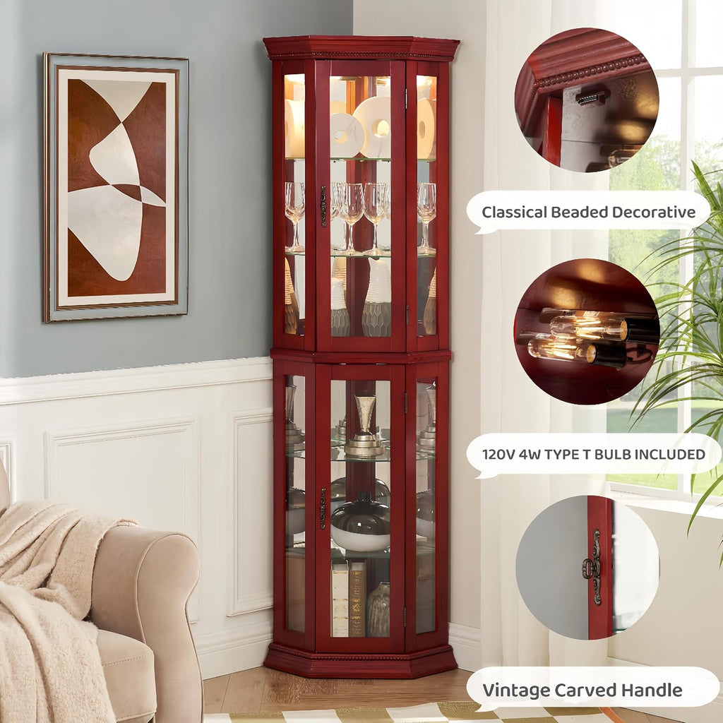 Ball & Cast 70' H Lighted Corner Curio Cabinet, Glass Display Cabinet with 6 Tempered Adjustable Glass Shelves and Doors,Include Light Bulb, Rack for Living Room,Cherry