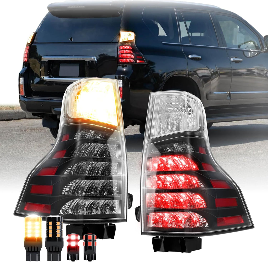 USR 10-23 9700 SUV Tail Light – with 4 LED Bulb Upgrade (Left + Right) Pair - Compatible with 2010-2023 Lexus GX460 All Models (OE F-SPORT STYLE BLACK HOUSING TAIL LIGHTS w/WIRE HARNESS & LED BULBS)