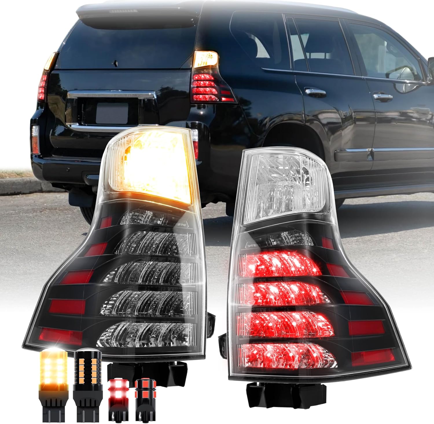 USR 10-23 9700 SUV Tail Light – with 4 LED Bulb Upgrade (Left + Right) Pair - Compatible with 2010-2023 Lexus GX460 All Models (OE F-SPORT STYLE BLACK HOUSING TAIL LIGHTS w/WIRE HARNESS & LED BULBS)