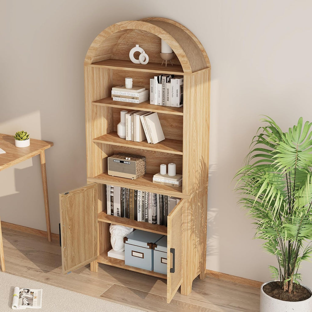 Janmer Home 71' Tall Arched Bookcase with Storage, Mid-Century Modern 6-Tier Curved Cabinet with Door, Arched Bookshelf Cabinet with Open Display Storage Shelf for Office Living Room (Natural)