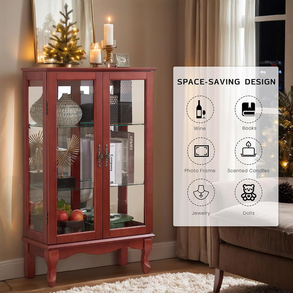 44' Small Lighted Glass Accent Curio Cabinet, Vintage China Cage with 2 Tempered Glass Doors & Adjustable Shelves, Acrylic Mirrored Pane, Elegant Wine Artwork Showcase Rack for Living Room (Cherry)