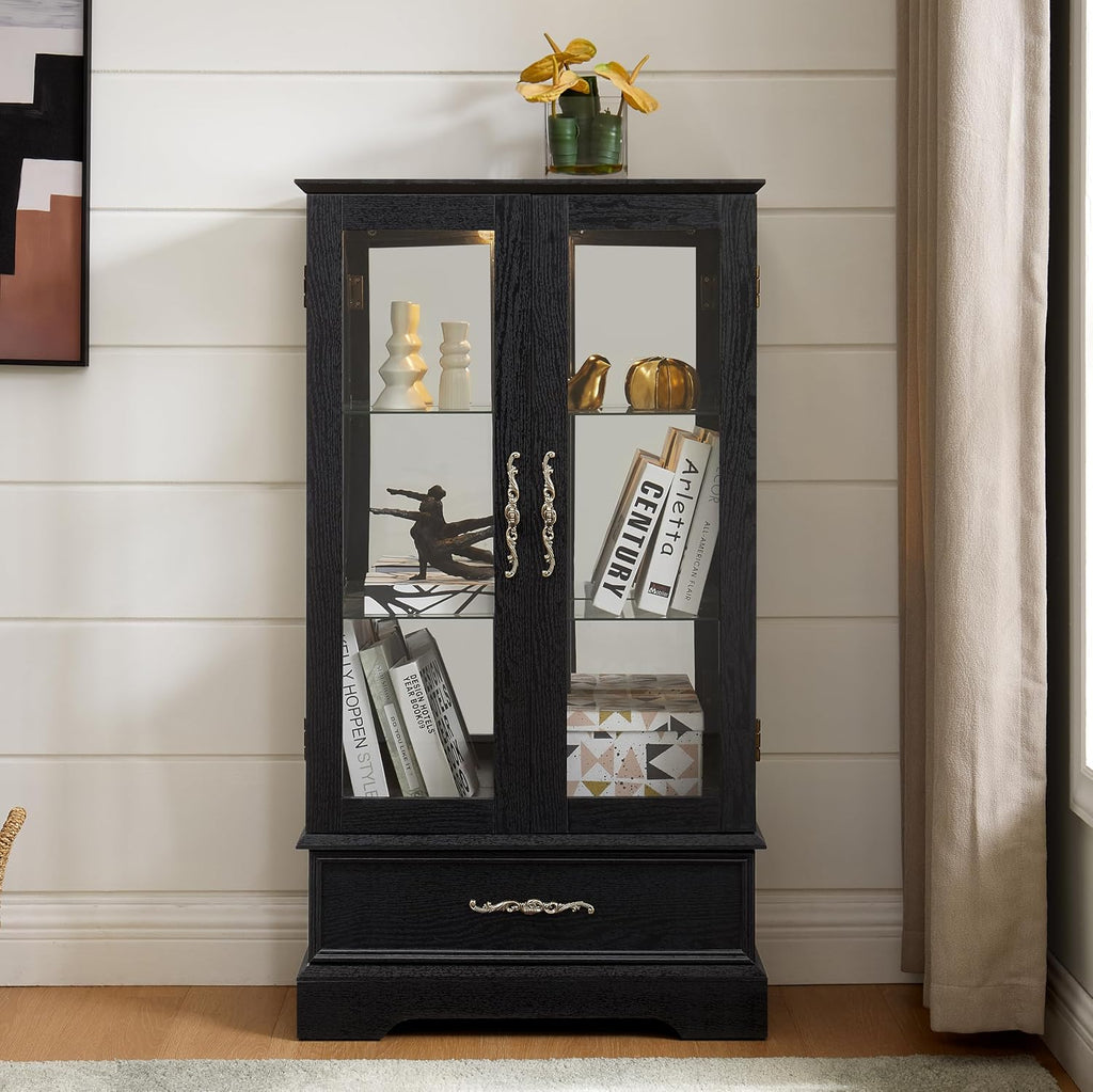 47' H Lighted Curio Cabinet Display Case, Glass Cabinet with Adjustable Shelves,Tempered Glass Door and Drawer, Wooden Curio Cabinet with Mirrored Back Pane for Living Room (Black)