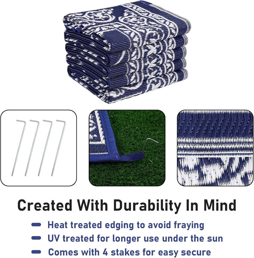 Outdoor Rug 10'x14' for Patios Waterproof Patio Rugs Outdoor Mats for Front Porch,Beach Mat,Reversible Plastic Straw Camping Rugs for Outside RV,Deck,Balcony,Backyard Navy Blue