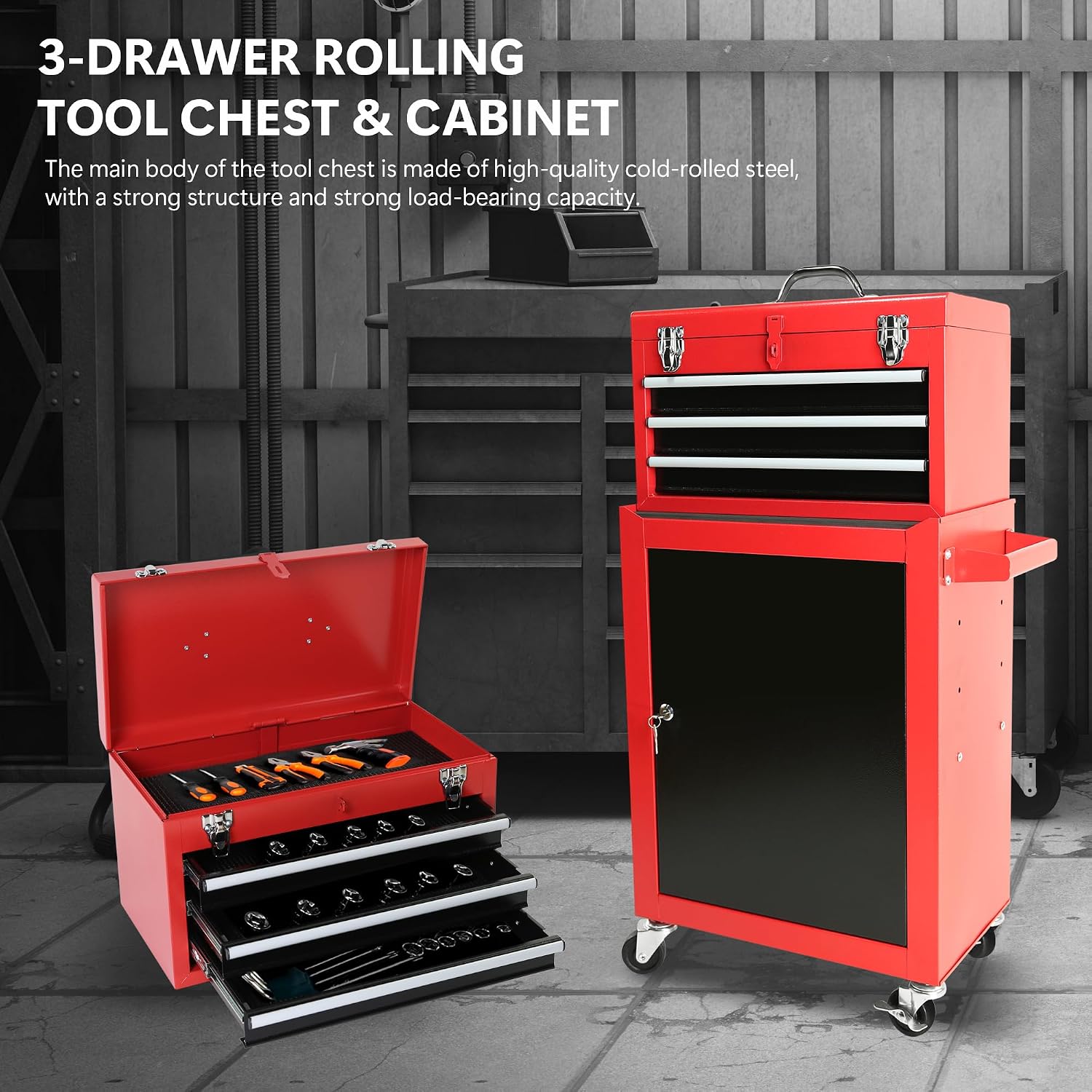 3-Drawer Rolling Tool Chest with Wheels, Tool Chest with Large Storage Cabinet and Adjustable Shelf, Removable Portable Top Box with Locking System Tool Chest for Garage, Warehouse