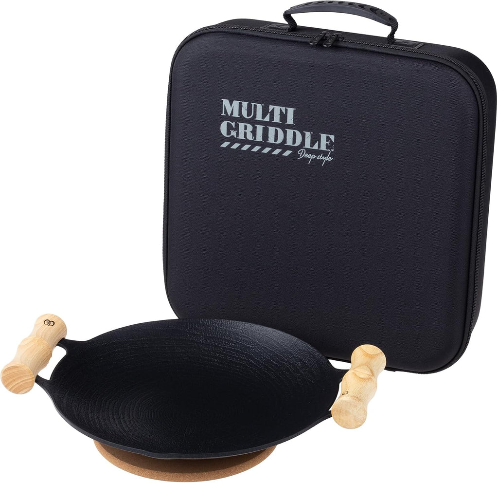 Honke JHQ Multi-Griddle Iron Plate, Flat 13.0 inches (33 cm), Deep 11.4 inches (29 cm), Set of 2 Main Units (Storage Hard Case, Wooden Grip, Cork, Storage Case, Gray Mittens), Genuine Product, Bonfire