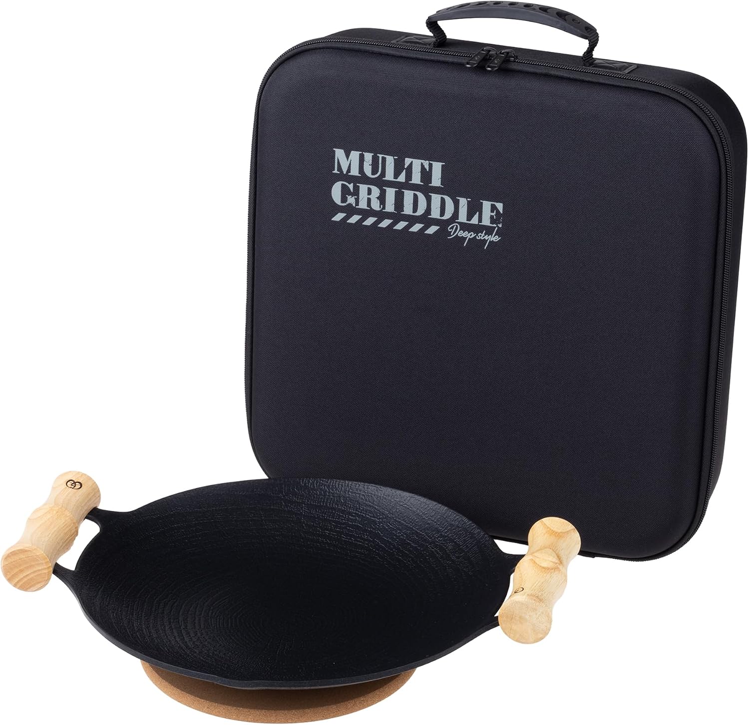 Honke JHQ Multi-Griddle Iron Plate, Flat 13.0 inches (33 cm), Deep 11.4 inches (29 cm), Set of 2 Main Units (Storage Hard Case, Wooden Grip, Cork, Storage Case, Gray Mittens), Genuine Product, Bonfire