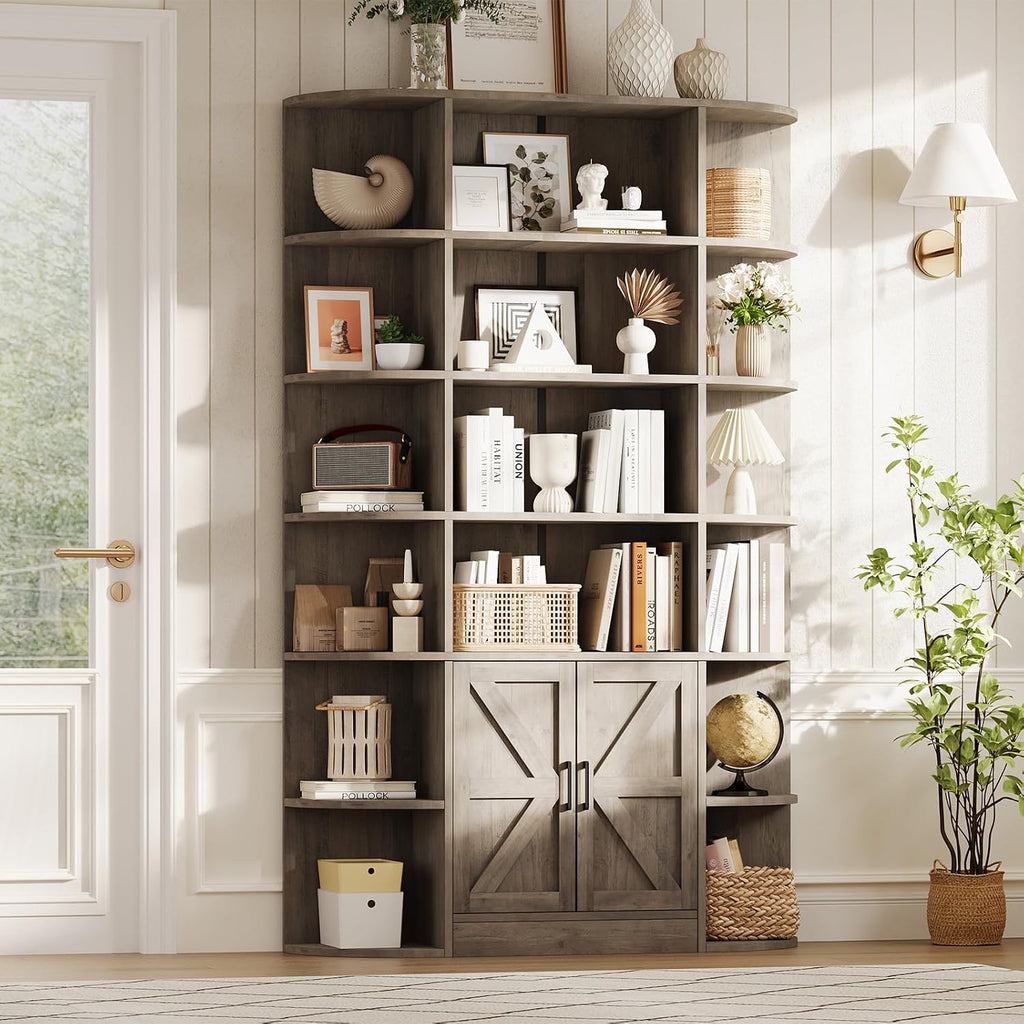 IDEALHOUSE 75in Tall Bookshelf with Storage, 6-Tier 47' Wide Modern Farmhouse Standing Bookcase Cabinet Display Shelf Organizer for Home Office Living Room Bedroom, Grey
