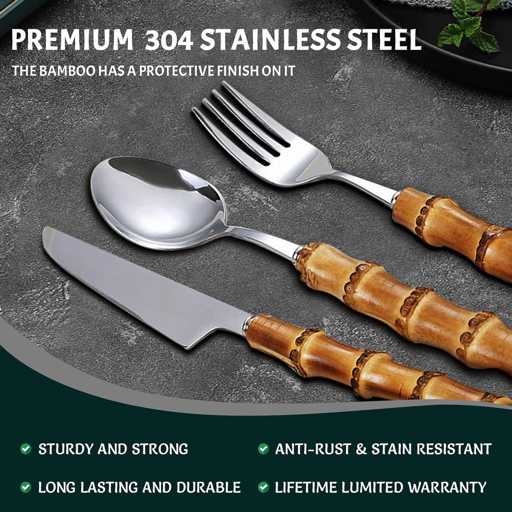 bamboo flatware sets, bamboo handle cutlery set, household kitchen utensil flatware sets for 4, recommend Hand Washing (20 pieces)