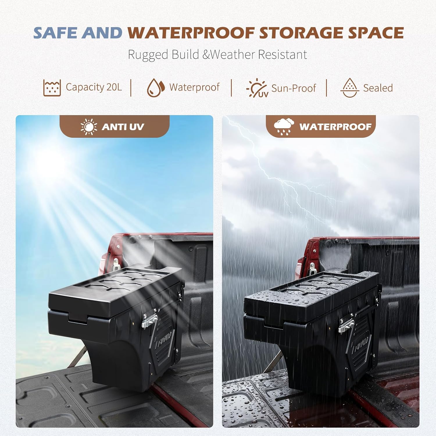 Truckiipa Truck Bed Storage Box, Universal Double Layer Thicken Truck Bed Toolbox Waterproof Lockable Wheel Well Tool Box for Truck, Swing Case Fit Most Truck Driver & Passenger Side, 20L/5.28GAL