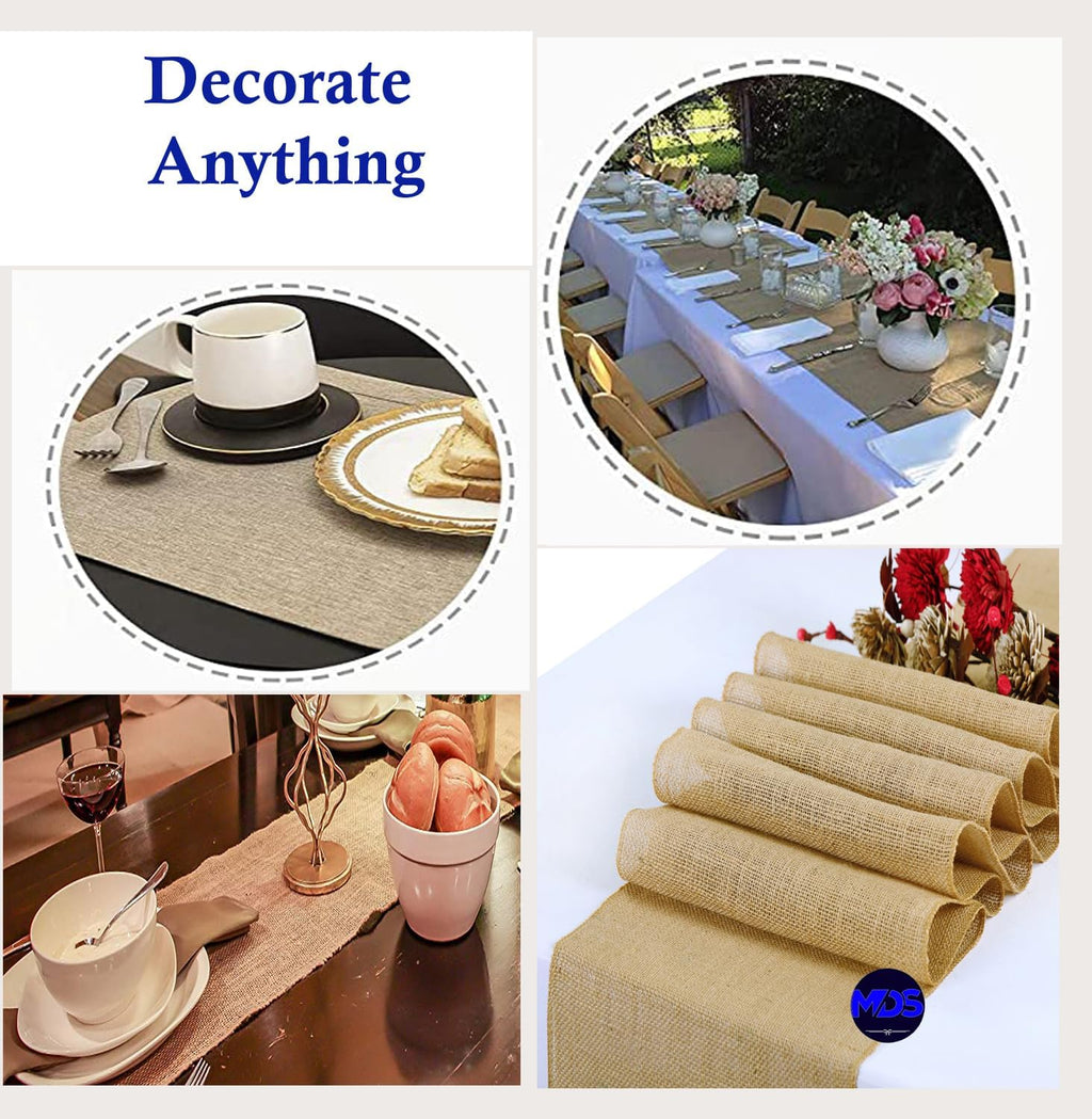 MDS Pack of 5 Wedding Burlap Table Runners 12 Inches x 50 Yards Long Roll for Farmhouse-Style, Woven Jute Fabric Placemats or Centerpieces and Rustic Home Decor for Outdoor Tables - Natural