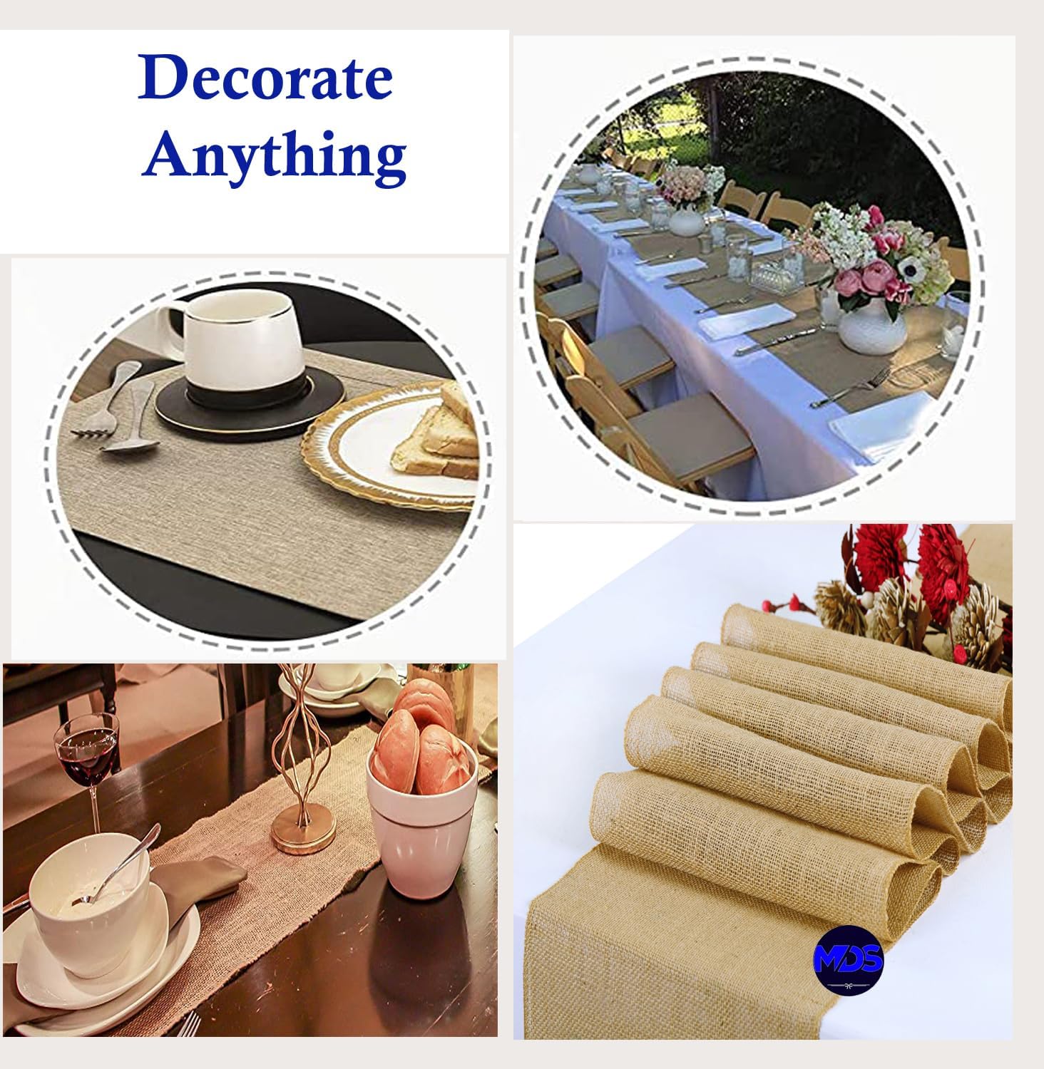 MDS Pack of 5 Wedding Burlap Table Runners 12 Inches x 50 Yards Long Roll for Farmhouse-Style, Woven Jute Fabric Placemats or Centerpieces and Rustic Home Decor for Outdoor Tables - Natural