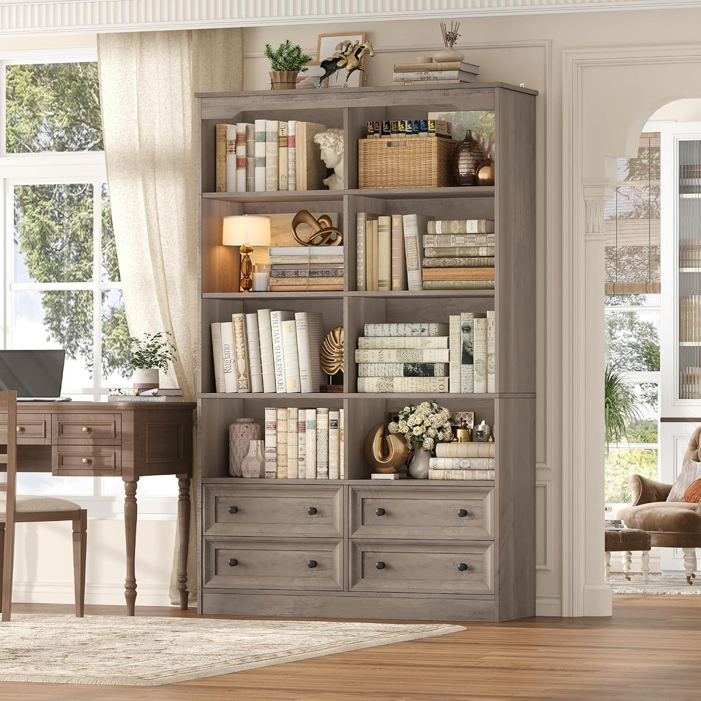FINETONES 71' Tall Bookshelf with 4 Drawers, 6-Tier Double Wide Bookshelves and Bookcases with Storage, Ash Grey Bookshelf Large Open Bookshelves Standing Book Cabinet for Home Office