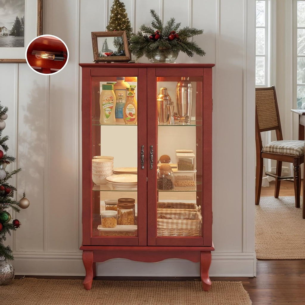 44' Small Lighted Glass Accent Curio Cabinet, Vintage China Cage with 2 Tempered Glass Doors & Adjustable Shelves, Acrylic Mirrored Pane, Elegant Wine Artwork Showcase Rack for Living Room (Cherry)