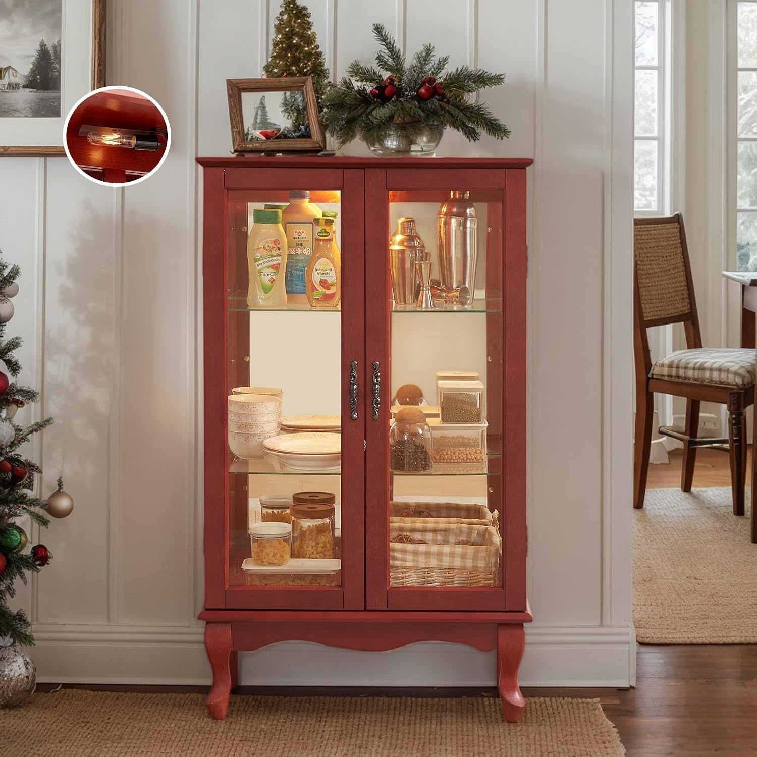 44' Small Lighted Glass Accent Curio Cabinet, Vintage China Cage with 2 Tempered Glass Doors & Adjustable Shelves, Acrylic Mirrored Pane, Elegant Wine Artwork Showcase Rack for Living Room (Cherry)