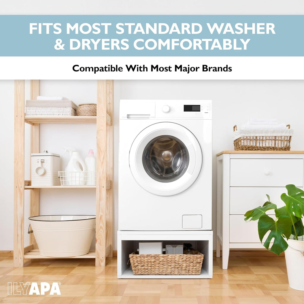 Ilyapa Washer and Dryer Stand - Universal Wooden Laundry Pedestal with Drawer - Compatible with Samsung, LG, GE, Maytag - 28x28x14 in.
