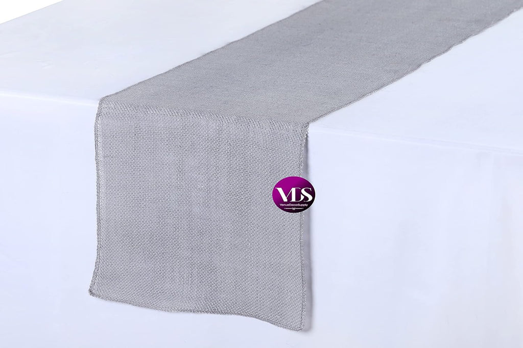VDS Pack of 15, Burlap Table Runner 100% Natural Jute Rustic Hessian Table Cloth Centrepiece for Wedding Bridal Shower Birthday Event Party Banquet Table Decoration (Size 12X108 Inch)(Silver Grey)