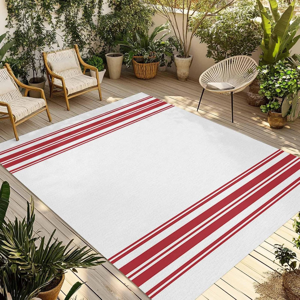 Outdoor Rug 4x6ft Farmhouse Red Stripes Patio Area Rugs Waterproof Easy Cleaning Non Shedding Thick Mats White Carpet for Indoor Outdoor Porch Deck Backyard Balcony
