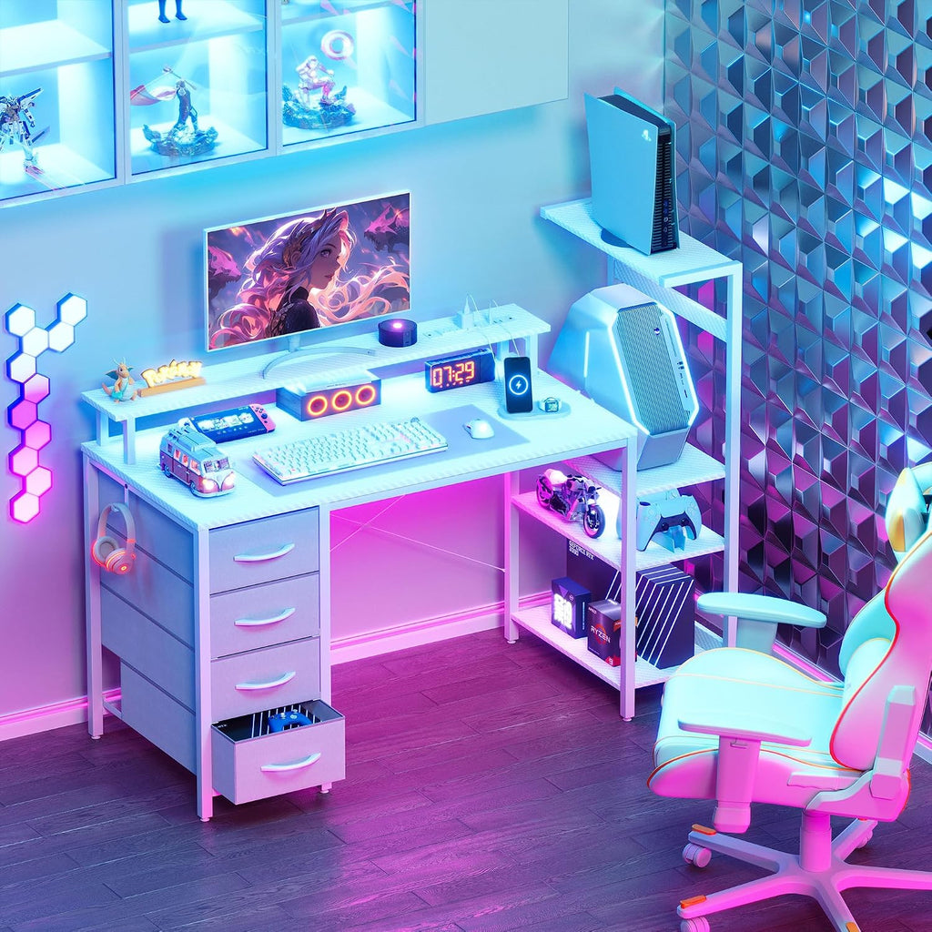 51 Inch Gaming Desk with LED Lights and Power Outlets, Computer Desk with Storage Shelves, Fabric Drawers, Monitor Stand & Side Hook, Reversible Gamer Table for Home Office, Carbon Fiber White