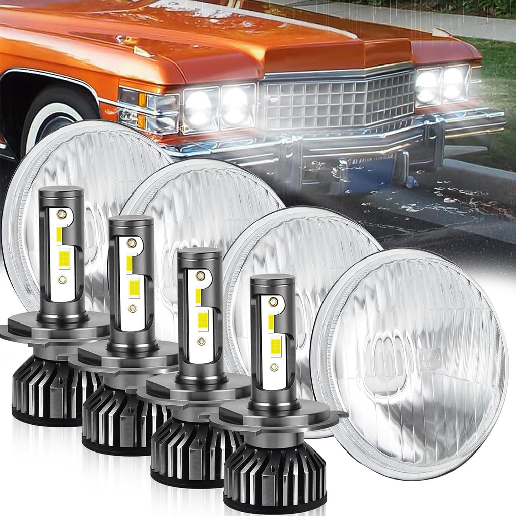 5.75 inch H5006 H5001 Glass Round Headlight Housing + H4/9003 High& Low Beam Bulbs, Compatible with Challenger Gran Torino Oldsmobile Cutlass Plymouth Fury Muscle Cars Trucks Headlights,4 Set