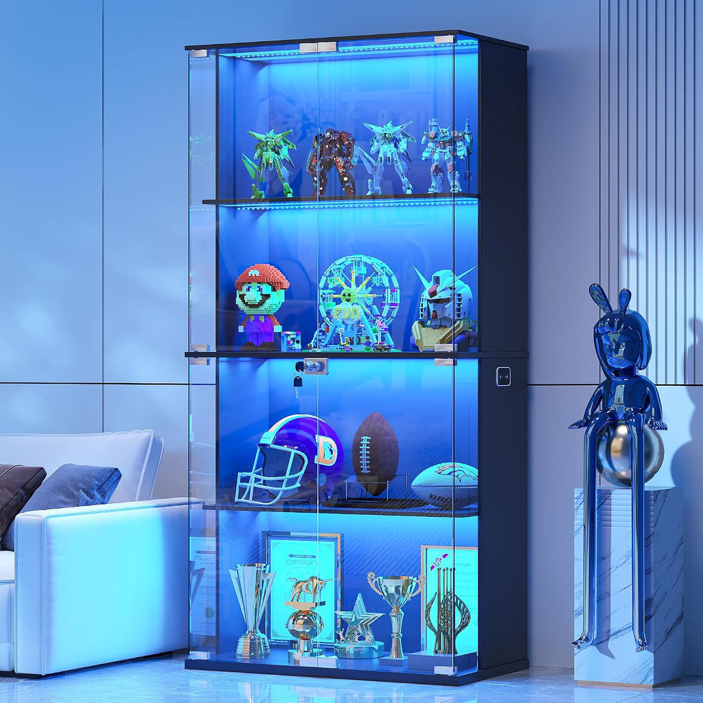 HNEBC Glass Display Cabinet with LED Lights - 4-Tiers Curio Cabinet Display Case with Lock,China Cabinet with Human Body Senor for Collectibles & Legos,Living Room Bookcase Storage Cabinet (Black)