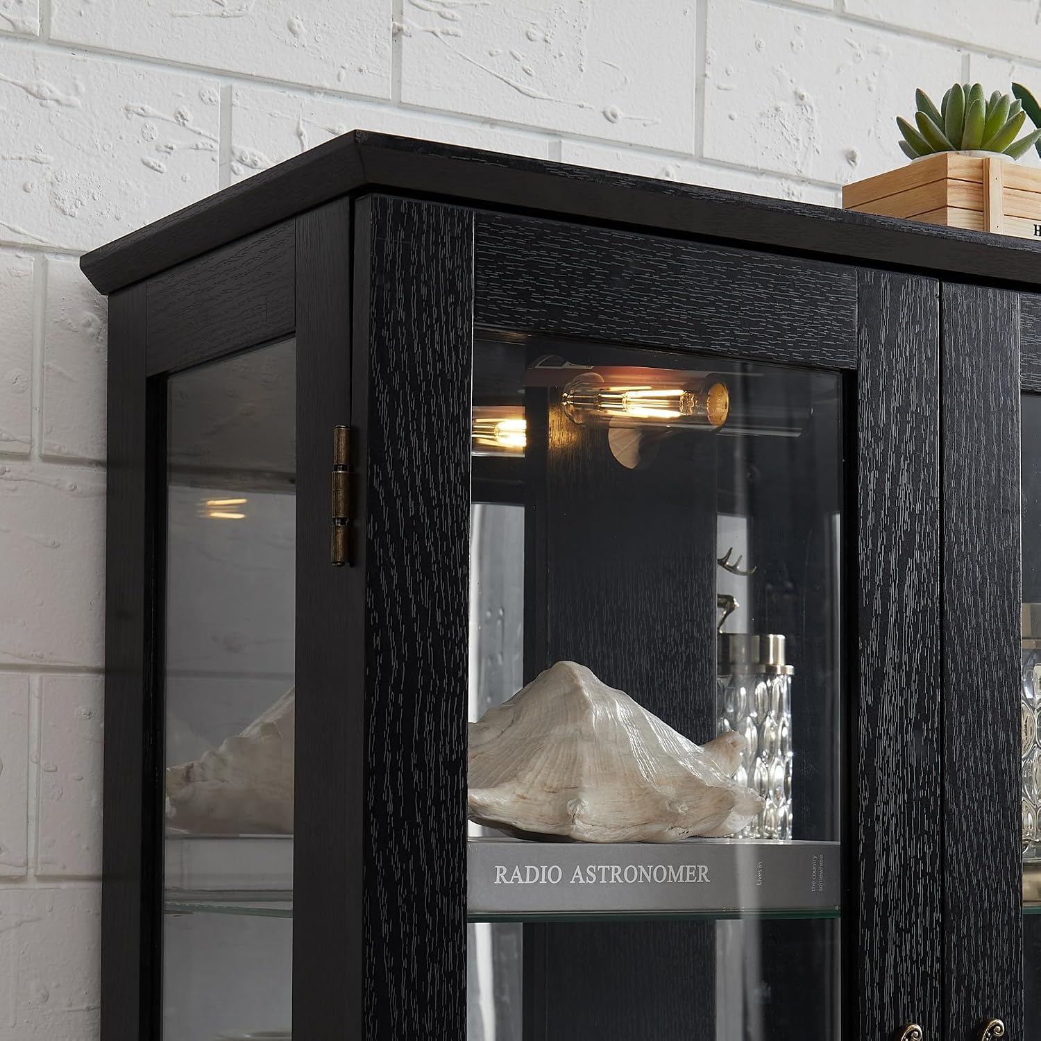 47' Lighted Glass Accent Curio Cabinet, 3-Tier Antique Storage Cage with Adjustable Shelves & Drawer, Acrylic Mirrored Pane, Light Blub Included, Small China Cabinet for Living Room/Kitchen (Black)