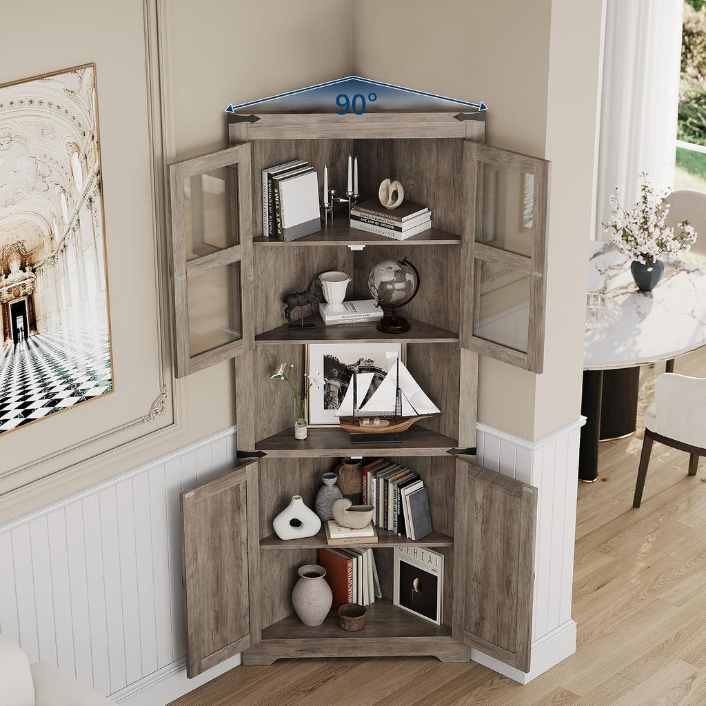 GarveeHome 67 in Tall Corner Storage Cabinet with Lights, Farmhouse Corner Hutch Display Cabinet with Glass Doors, Wooden Storage Organizer for Kitchen, Living Room, Bathroom, Washed Grey