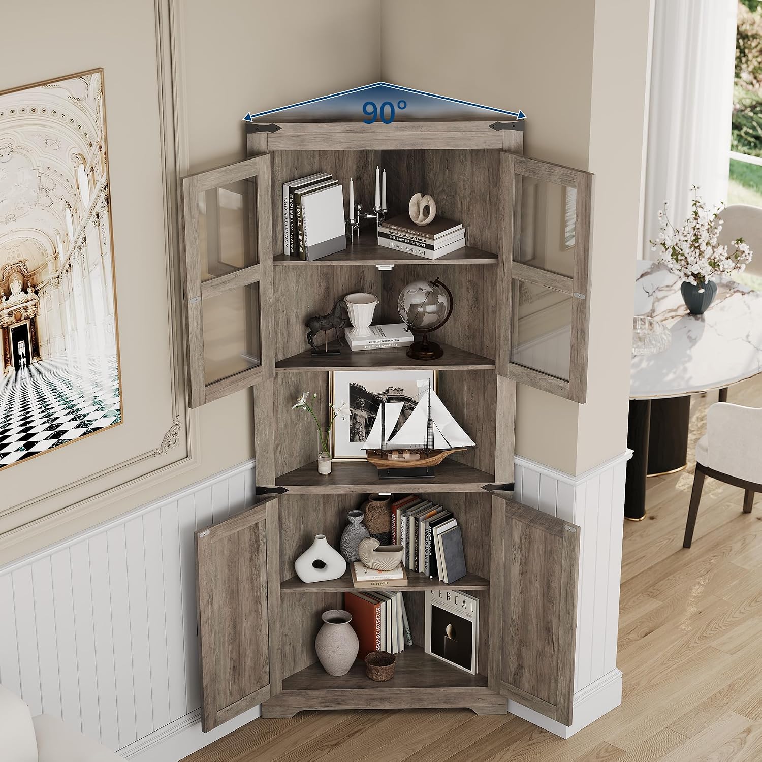 GarveeHome 67 in Tall Corner Storage Cabinet with Lights, Farmhouse Corner Hutch Display Cabinet with Glass Doors, Wooden Storage Organizer for Kitchen, Living Room, Bathroom, Washed Grey