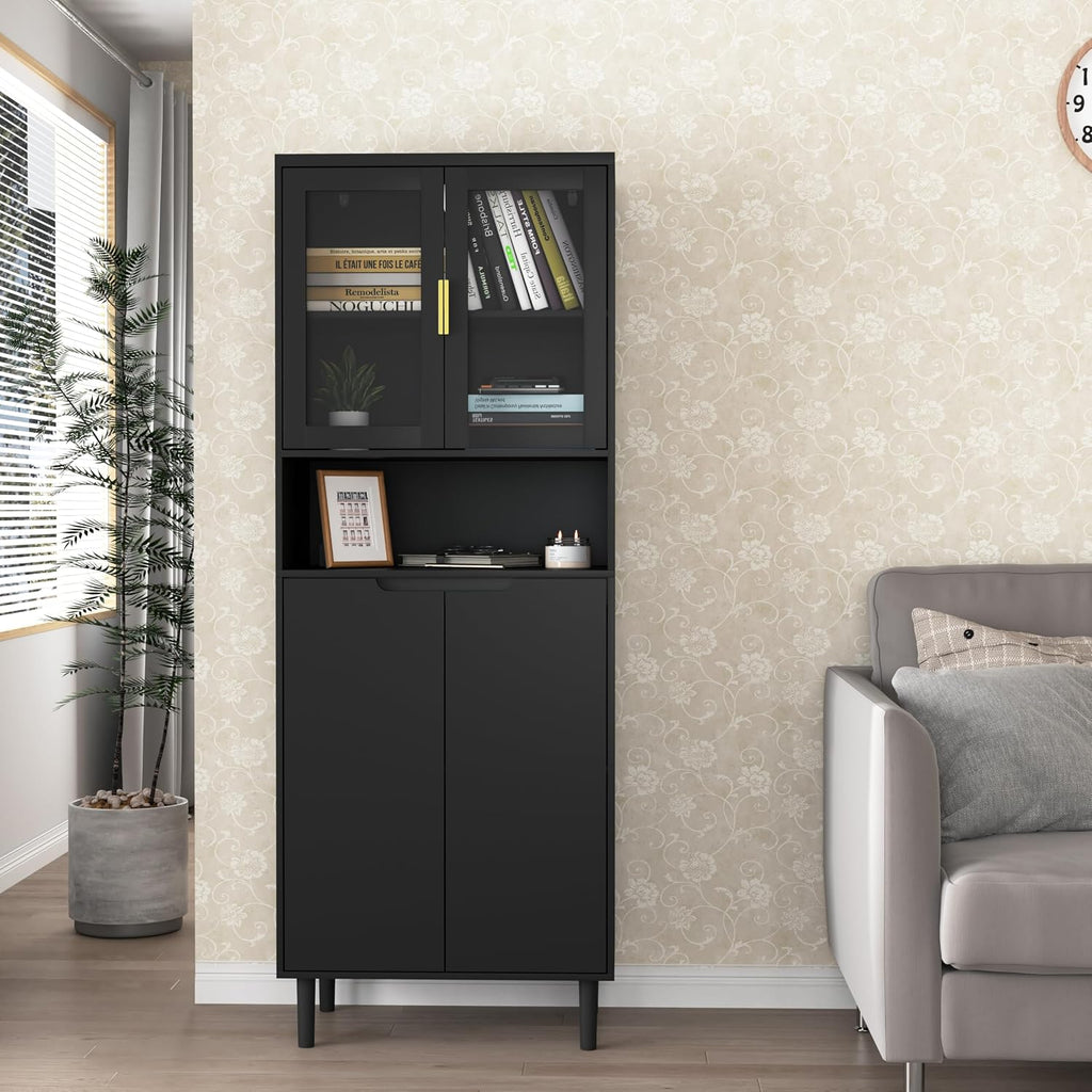 LUMISOL Storage Cabinet with 2 Glass Doors, Solid Wood Accent Cabinet with Gold Handles, Modern Cabinet Freestanding for Study Room Living Room, Save Space, Black