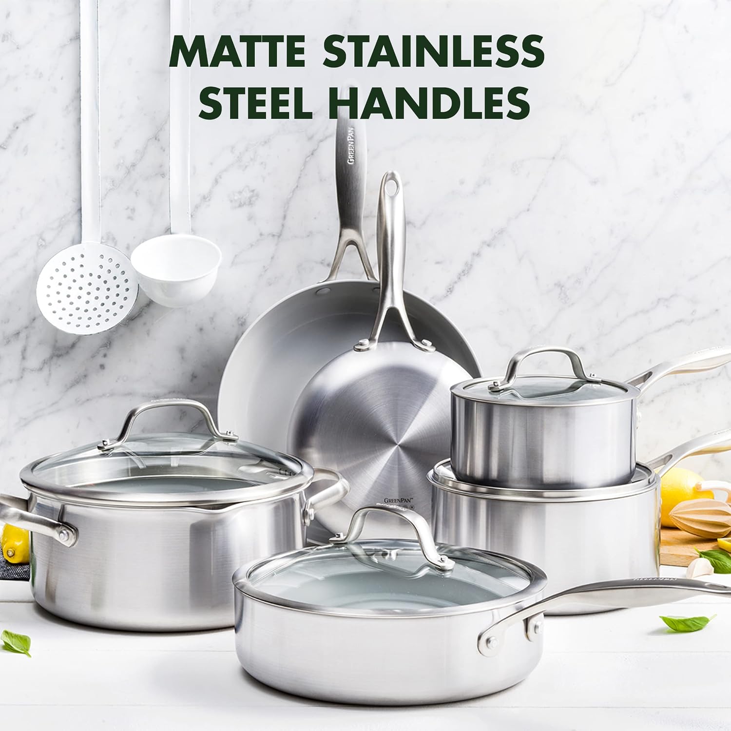 GreenPan Venice Pro 10 Piece Cookware Set, Stainless Steel Non-Toxic PFAS-Free with Ceramic Nonstick Coating, Induction Suitable, Glass Lids, Multi Clad, Dishwasher & Oven Safe, Silver