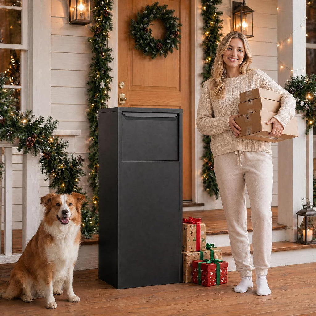 Merapi Large Anti-Theft Package Delivery Box for Outside 43.3' * 18.3' * 14.0' Lockable Parcel Drop Box No Assembly Required Weatherproof Steel Storage for Porch Curbside House – Black