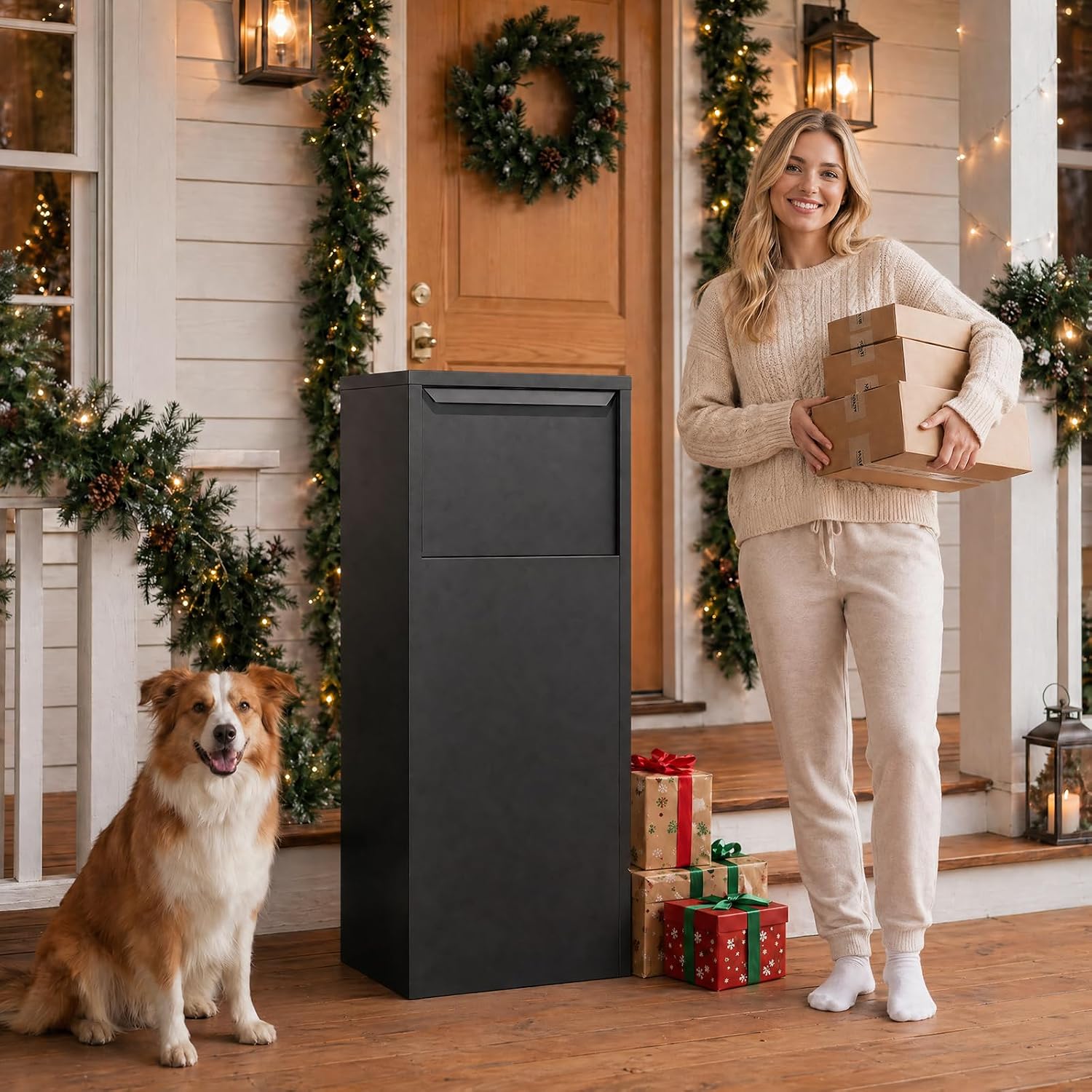 Merapi Large Anti-Theft Package Delivery Box for Outside 43.3' * 18.3' * 14.0' Lockable Parcel Drop Box No Assembly Required Weatherproof Steel Storage for Porch Curbside House – Black